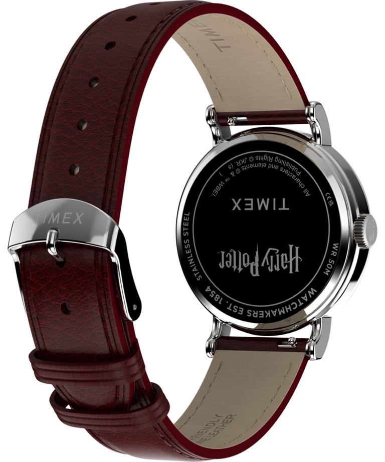 TW2Y76200 Harry Potter x Timex Weekender Platform 9 3/4 37mm Leather Strap Watch Caseback with Attachment Image