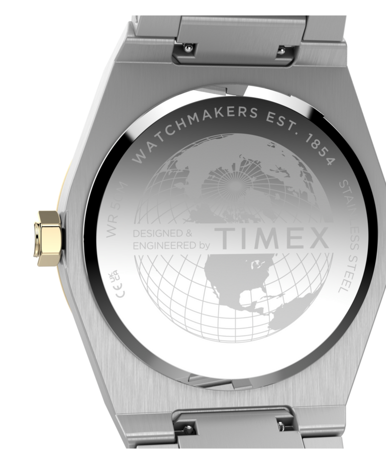 TW2Y81500 Q Timex Marbella, reloj de 40,5 mm con brazalete de acero inoxidable. Imagen del fondo de la caja
