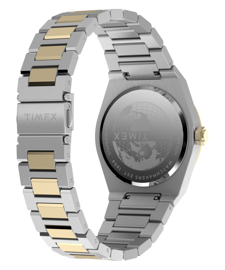 TW2Y81500 Q Reloj Timex Marbella de 40,5 mm con brazalete de acero inoxidable. Imagen del fondo de la caja con accesorio