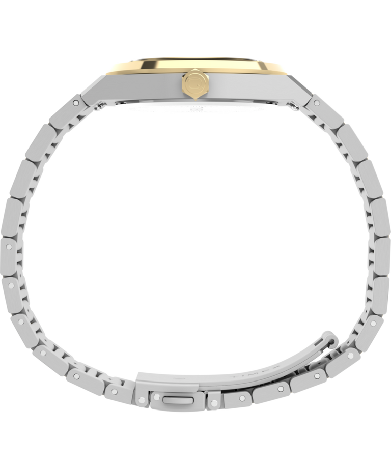 TW2Y81900 Q Reloj Timex Marbella de 34 mm con brazalete de acero inoxidable. Imagen de perfil
