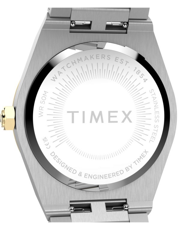 TW2Y81900 Q Timex Marbella, reloj de 34 mm con brazalete de acero inoxidable. Imagen del fondo de la caja