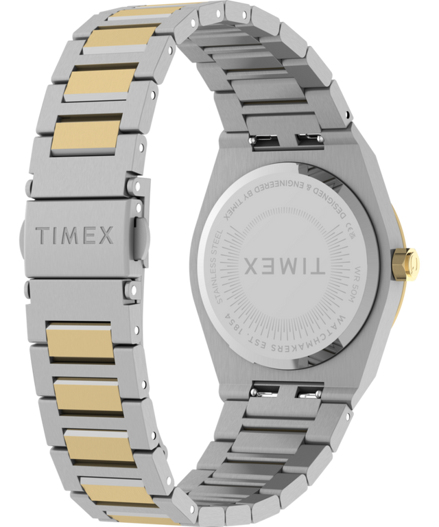 TW2Y81900 Q Reloj Timex Marbella de 34 mm con brazalete de acero inoxidable. Imagen del fondo de la caja con accesorio.