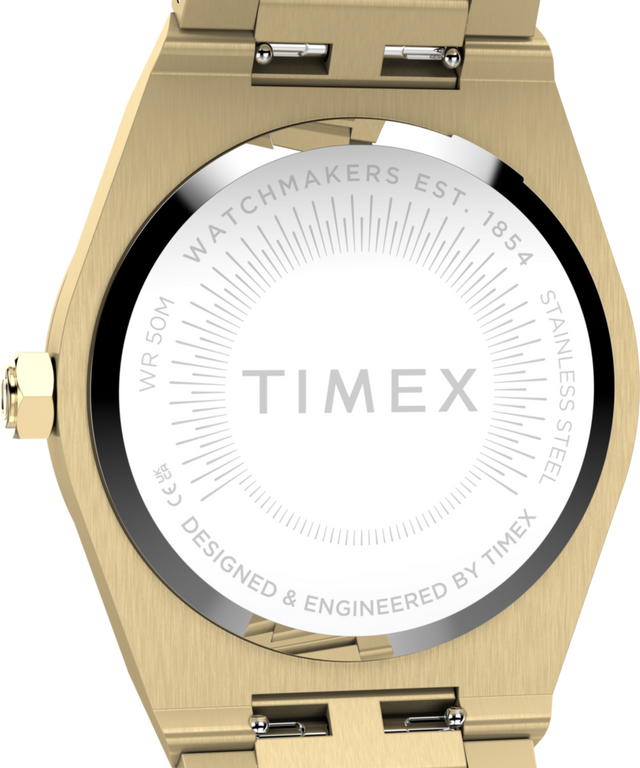 TW2Y82000 Q Timex Marbella, reloj de 34 mm con brazalete de acero inoxidable. Imagen del fondo de la caja.