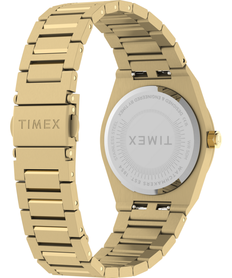 TW2Y82000 Q Reloj Timex Marbella de 34 mm con brazalete de acero inoxidable. Imagen del fondo de la caja con accesorio.