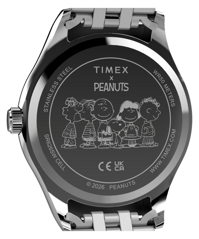 TW2Y85500 Peanuts® x Timex Legacy: reloj con pulsera de acero inoxidable y diseño de Snoopy   Imagen del fondo de la caja