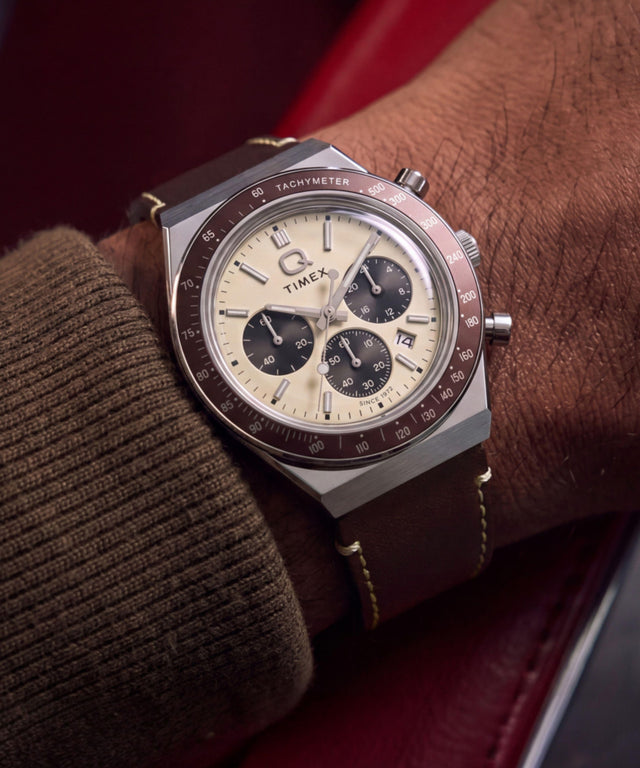 TW2Y88700 Q Timex Chronograph 40mm Leather Strap Watch Primary Wrist Image