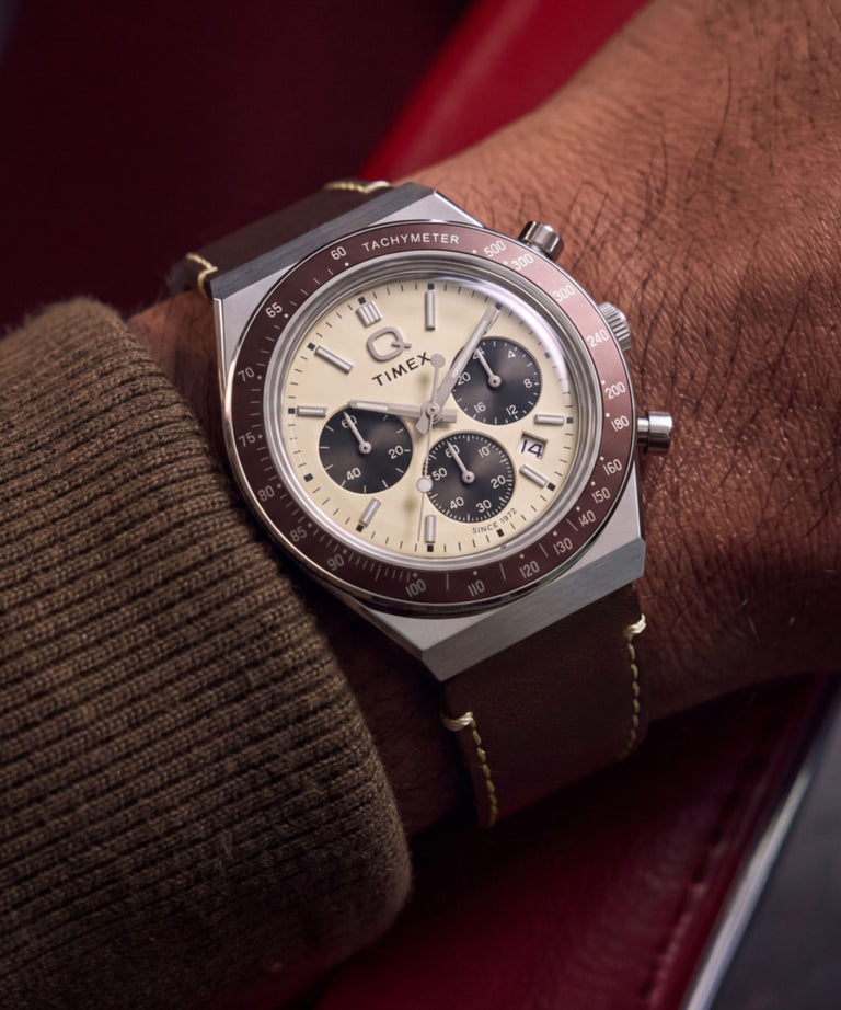 TW2Y88700 Q Timex Chronograph 40mm Leather Strap Watch Primary Wrist Image