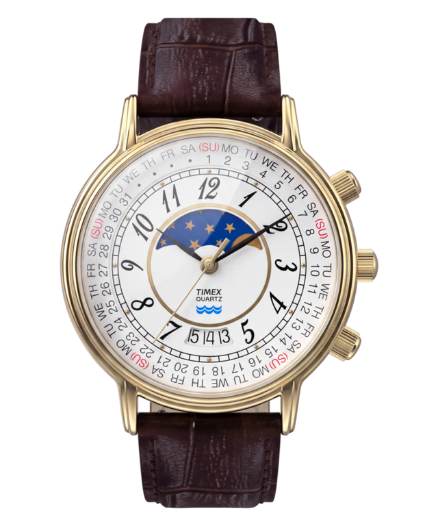TW2Y99000 Timex 1990 Moon Phase Reissue 37mm Leather Strap Watch Primary Image