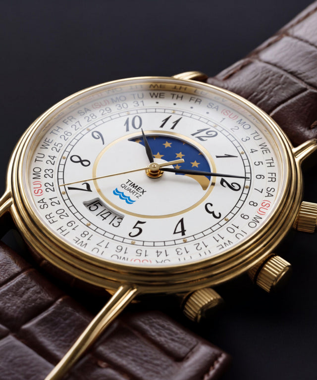 TW2Y99000 Timex 1990 Moon Phase Reissue 37mm Leather Strap Watch Alt Beauty Shot 4