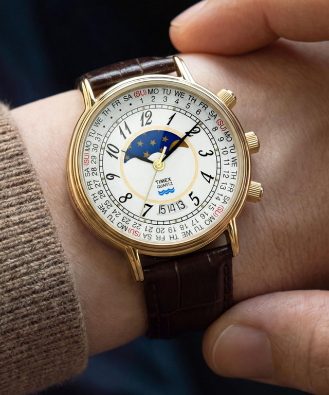 TW2Y99000 Timex 1990 Moon Phase Reissue 37mm Leather Strap Watch Primary Wrist Image