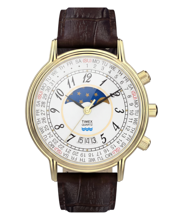 TW2Y99000 Timex 1990 Moon Phase Reissue 37mm Leather Strap Watch Primary Image
