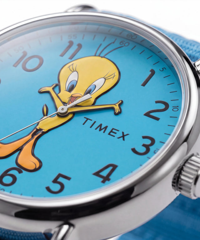 TW2Y99500 Looney Tunes Tweety Bird x Timex Weekender 38mm Fabric Strap Watch Alt Beauty Shot 4