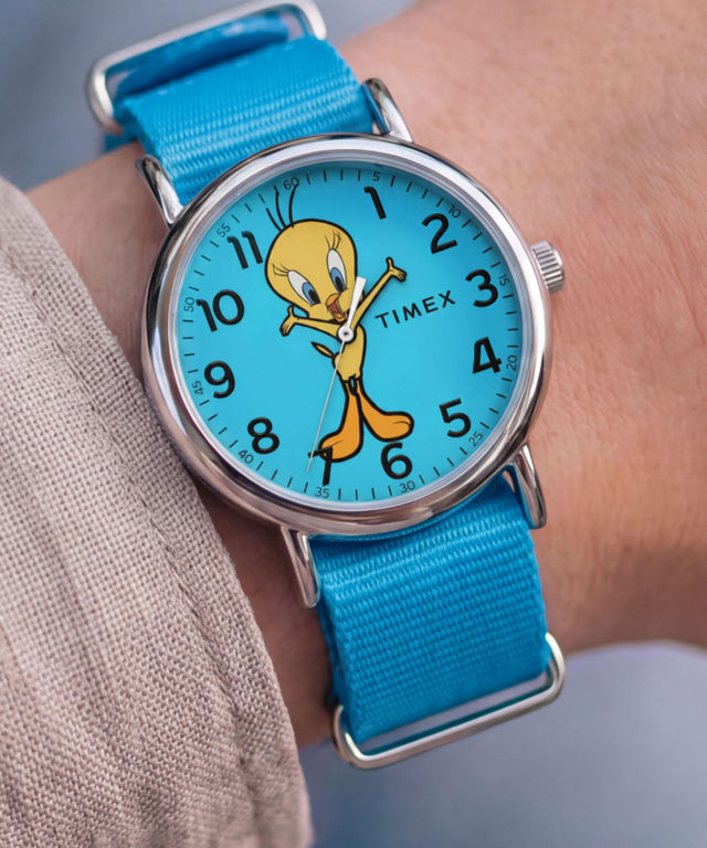 TW2Y99500 Looney Tunes Tweety Bird x Timex Weekender 38mm Fabric Strap Watch Primary Wrist Image
