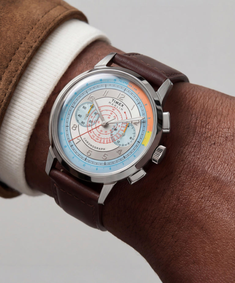 TW3A00200 Reloj Marlin® Neo Classic Chronograph de 40 mm con correa de piel. Imagen principal en la muñeca