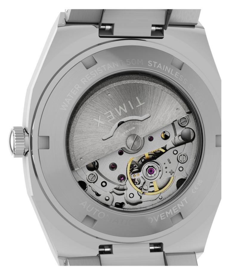 TW6A00500 Timex® Automatic E Line, reloj de 38 mm con brazalete de acero inoxidable. Imagen del fondo de la caja.