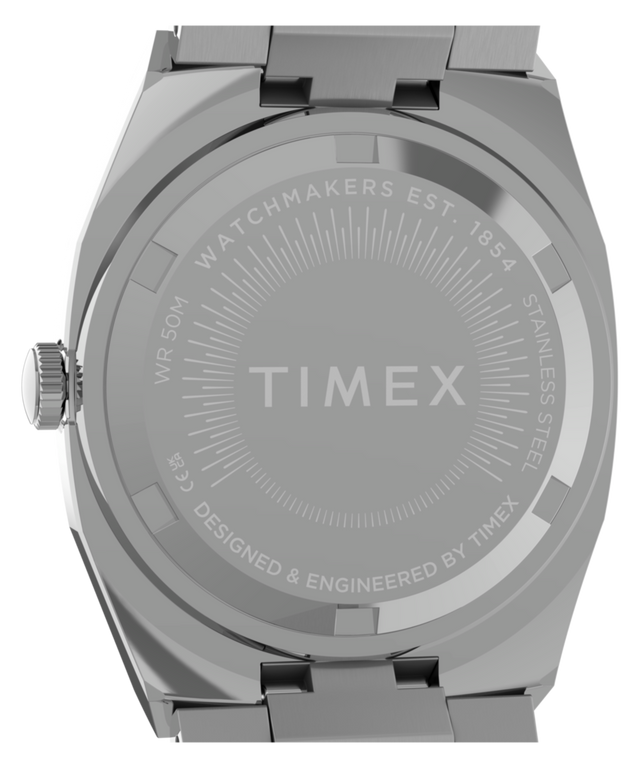 TW6A01000 Timex® Quartz E Line, reloj de 30 mm con brazalete de acero inoxidable. Imagen del fondo de la caja.