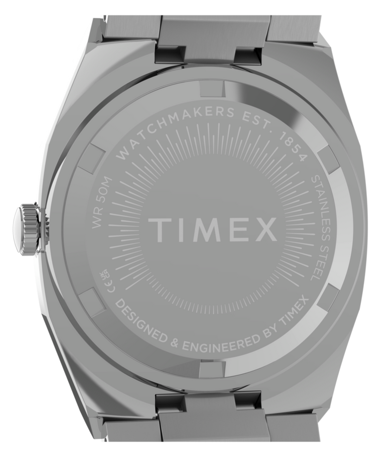 TW6A01000 Timex® Quartz E Line, reloj de 30 mm con brazalete de acero inoxidable. Imagen del fondo de la caja.