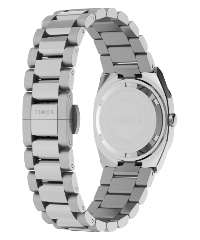 TW6A01000 Reloj Timex® Quartz E Line de 30 mm con brazalete de acero inoxidable. Imagen del fondo de la caja con accesorio.