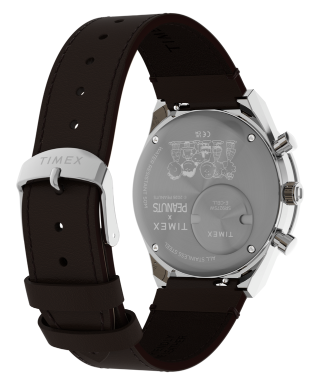 TW6A04400 Reloj Peanuts® x Q Timex Cronógrafo de 40 mm con correa de piel: imagen del fondo de la caja con accesorio