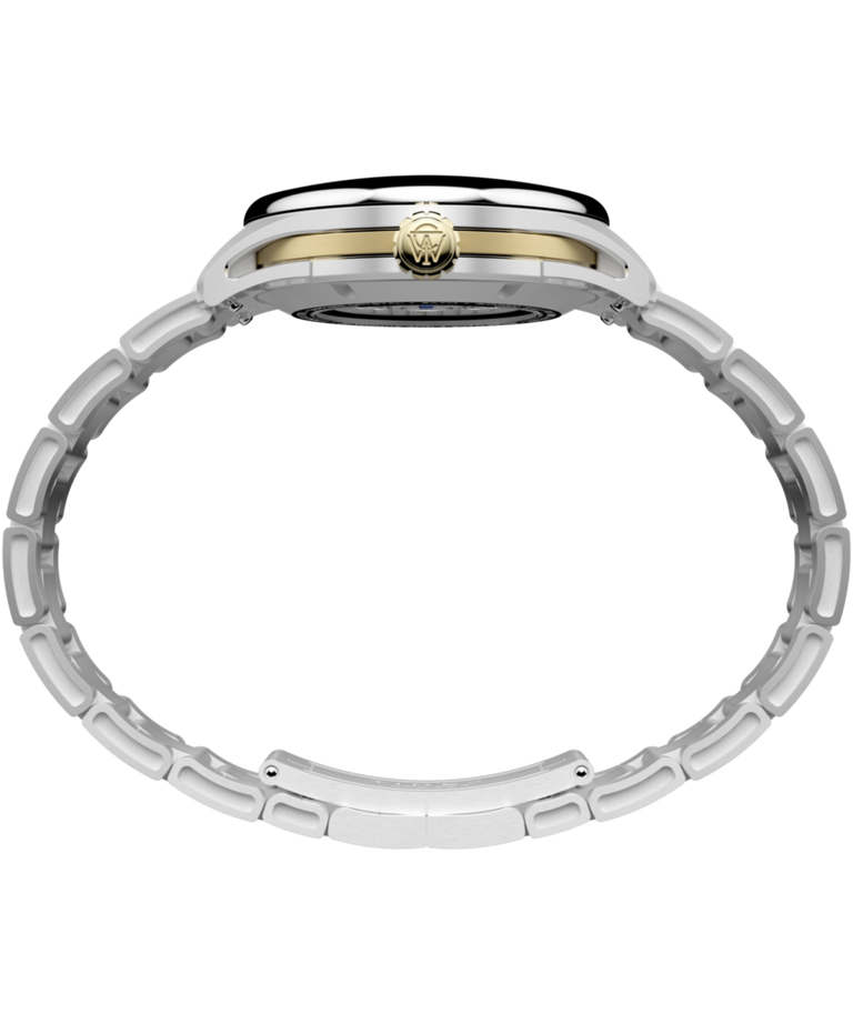 TW6A07200 Timex Atelier GMT Première M1a, 38 mm, fabricado en Suiza, automático, con brazalete de acero inoxidable. Imagen de perfil