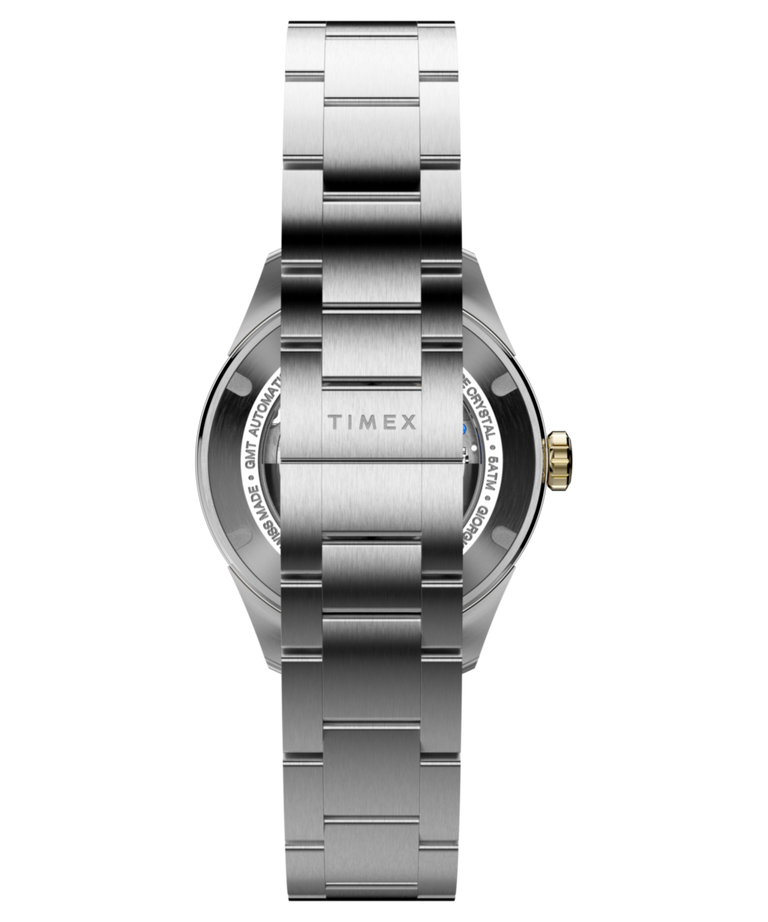 TW6A07200 Timex Atelier GMT Première M1a, 38 mm, fabricado en Suiza, automático, con brazalete de acero inoxidable. Imagen