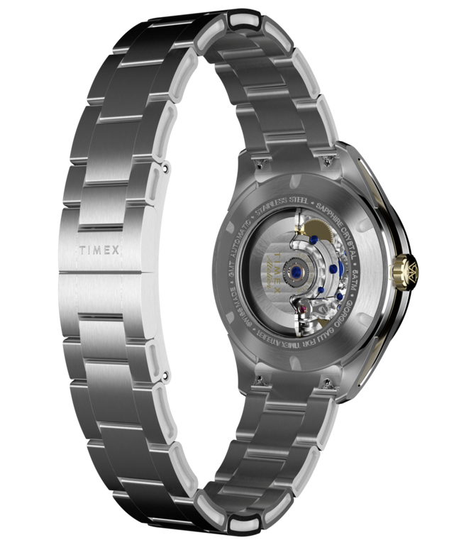 TW6A07200 Timex Atelier GMT Première M1a, 38 mm, fabricado en Suiza, automático, brazalete de acero inoxidable, imagen del fondo de la caja con accesorio