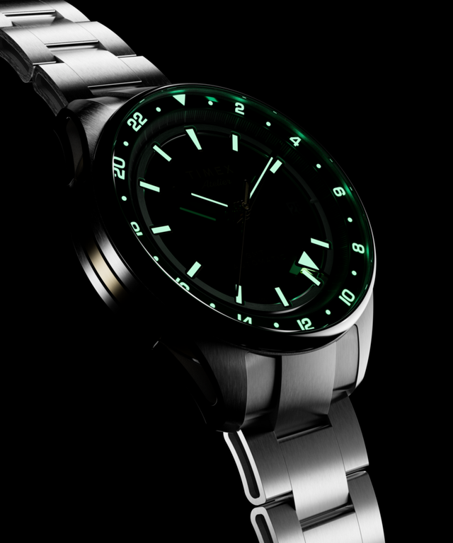 TW6A07200 Timex Atelier GMT Première M1a, 38 mm, fabricado en Suiza, automático, brazalete de acero inoxidable, Indiglo activado