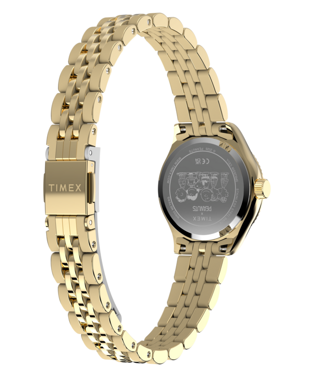 TW6A07400 Reloj Peanuts x Timex Legacy Mini Heart Hug de 25 mm con brazalete de acero inoxidable. Imagen del fondo de la caja con accesorio.