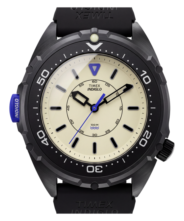 Timex Intrepid Dimepiece Blackout TW6A19800 all-black case cream dial with purple accents front photograph