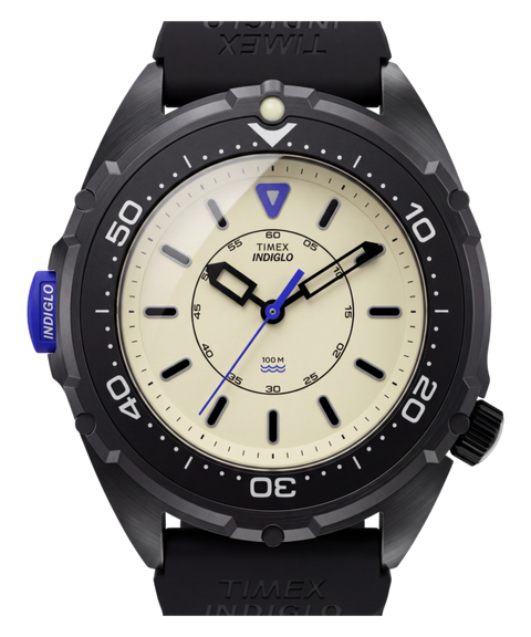 Timex Intrepid Dimepiece Blackout TW6A19800 all-black case cream dial with purple accents front photograph