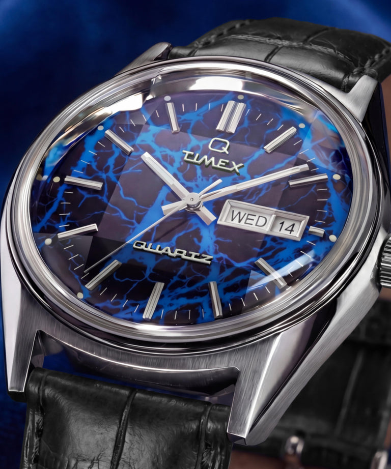 TW6A33800 Q Timex Blue Vega 38mm Leather Strap Watch Campaign Key Silhouettes (Beauty shots) Image