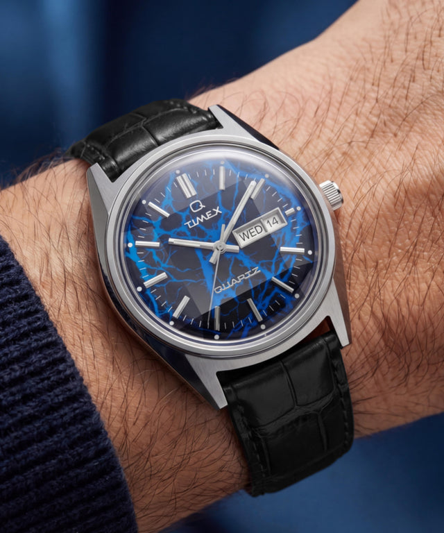 TW6A33800 Q Timex Blue Vega 38mm Leather Strap Watch Primary Wrist Image