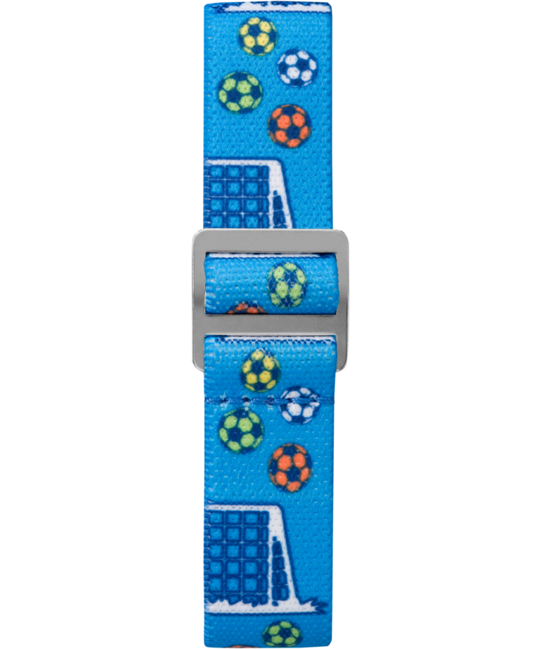 TW7C16500 TIMEX TIME MACHINES® Correa de reloj infantil de 29 mm de tejido elástico azul con motivos de fútbol — Imagen