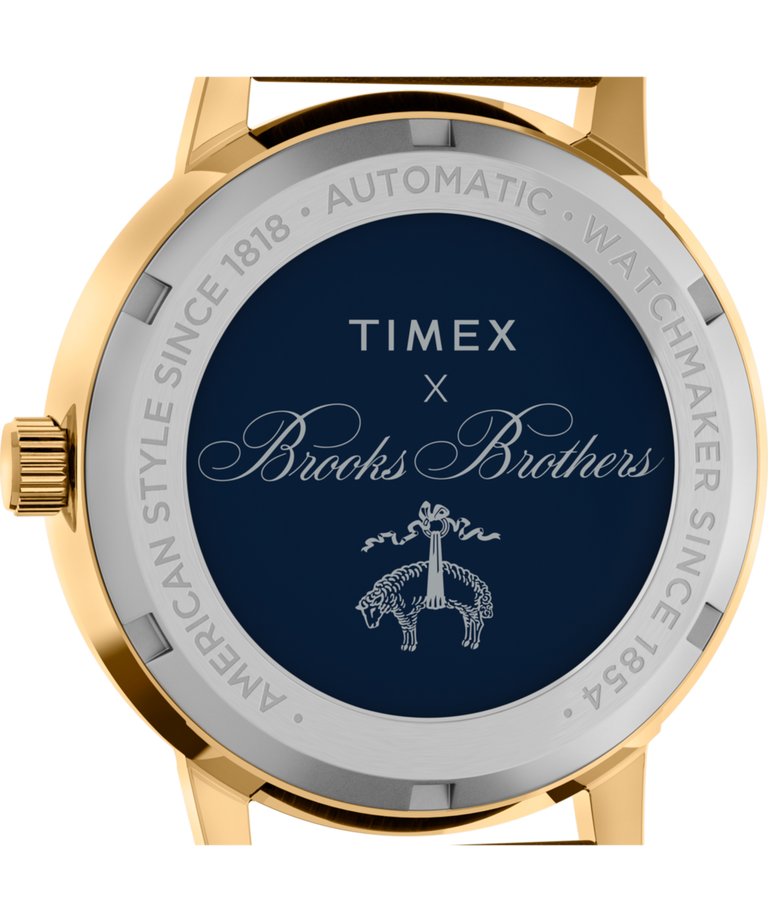 TWG029900 Timex x Brooks Brothers Gold Tone Marlin® Automatic 38mm Leather Strap and Fabric Strap Set Caseback Image