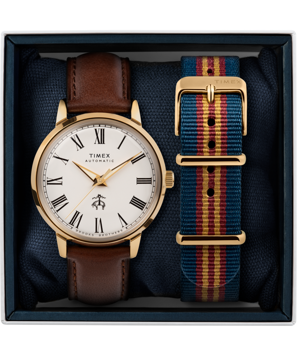 TWG029900 Timex x Brooks Brothers Gold Tone Marlin® Automatic 38mm Leather Strap and Fabric Strap Set Caseback with Attachment Image