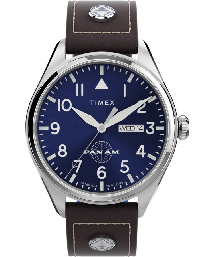 TWG030100 Pan Am x Timex Day-Date 42mm Leather Strap Watch Primary Image