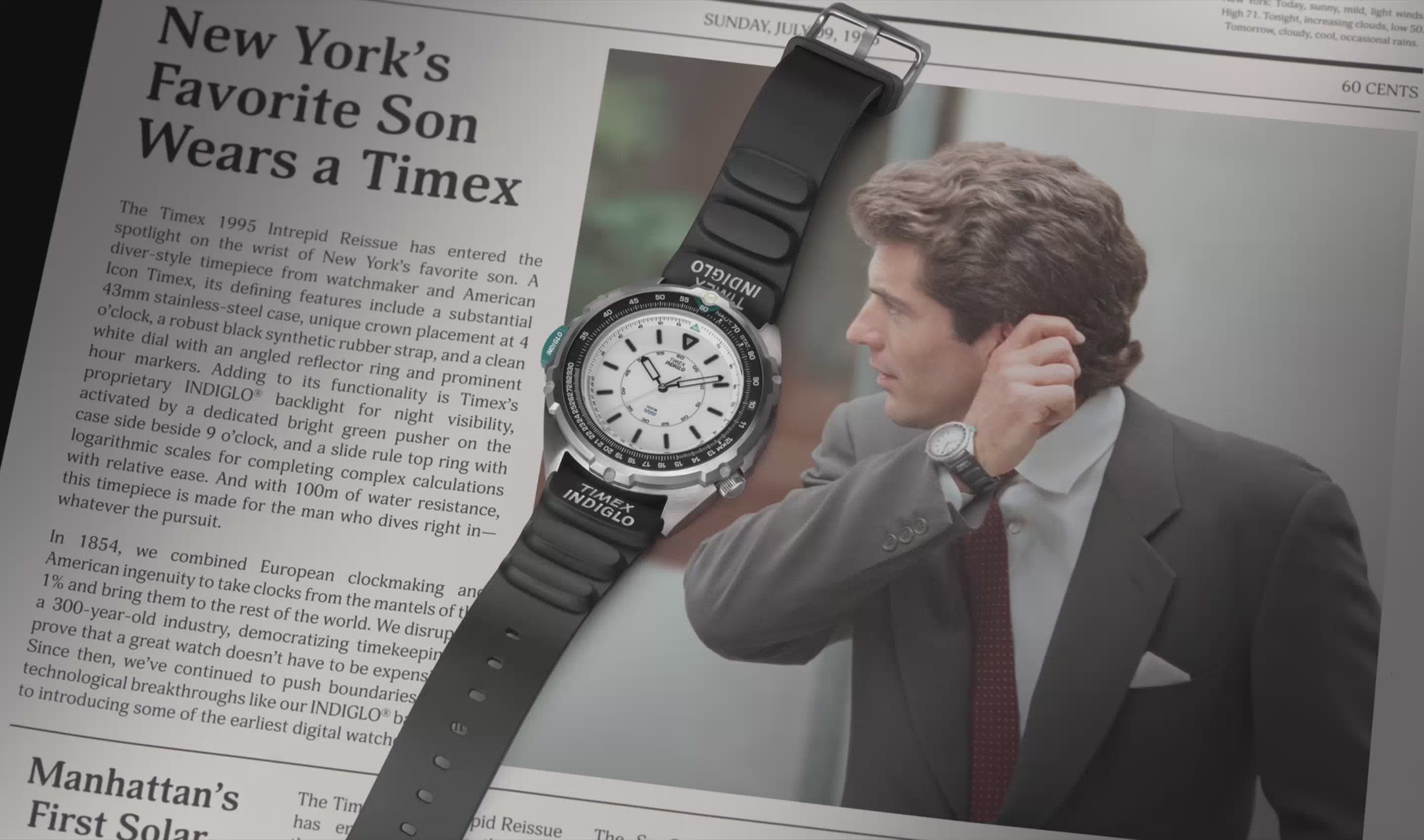 A cinematic showcase of the Timex 1995 Intrepid Reissue watch, featuring close-up shots of its stainless steel case, black rotating bezel, and white dial with bold black indices. The watch’s INDIGLO backlight function is highlighted, along with the durable black rubber strap branded with 'TIMEX INDIGLO.' The video transitions between modern shots of the reissue and archival footage or imagery of the original 1995 model, emphasizing its heritage and timeless design.
