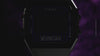 Dark, atmospheric video featuring the Timex x Wednesday T80 digital watch. The camera pans across the black and purple striped timepiece, highlighting its gothic-inspired design and rectangular digital display with “Wednesday” in stylized lettering.