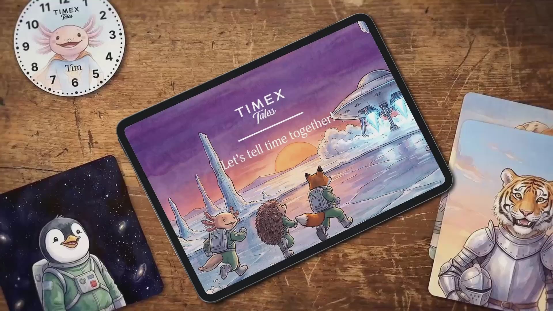 Una aventura animada de «Timex Tales» protagonizada por personajes animales ilustrados que aprenden a leer la hora mientras exploran mundos imaginarios sacados de los cuentos.