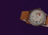 TW2Y99400 Vistas giratorias del reloj Road Runner & Wile E. Coyote x Timex Expedition® Scout, en las que destacan su esfera con motivos de los personajes, la caja gris y la correa de piel marrón sobre fondos morados y rojos.