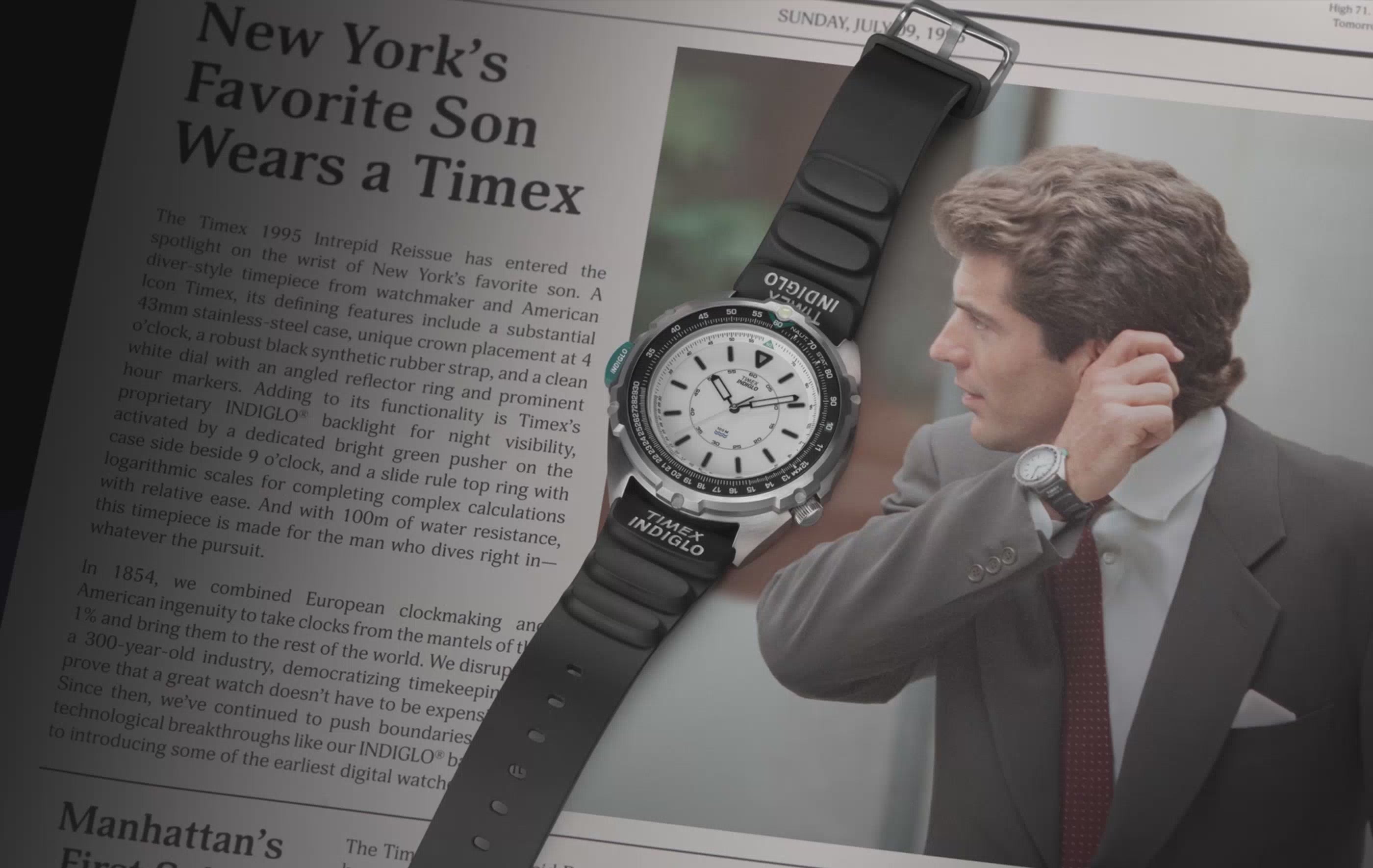 A cinematic close-up video of the Timex 1995 Intrepid Reissue wristwatch. The camera pans over the stainless steel case, textured dial, and luminous hands, highlighting vintage-inspired details. The watch is shown from multiple angles, emphasizing its retro design and durable construction.