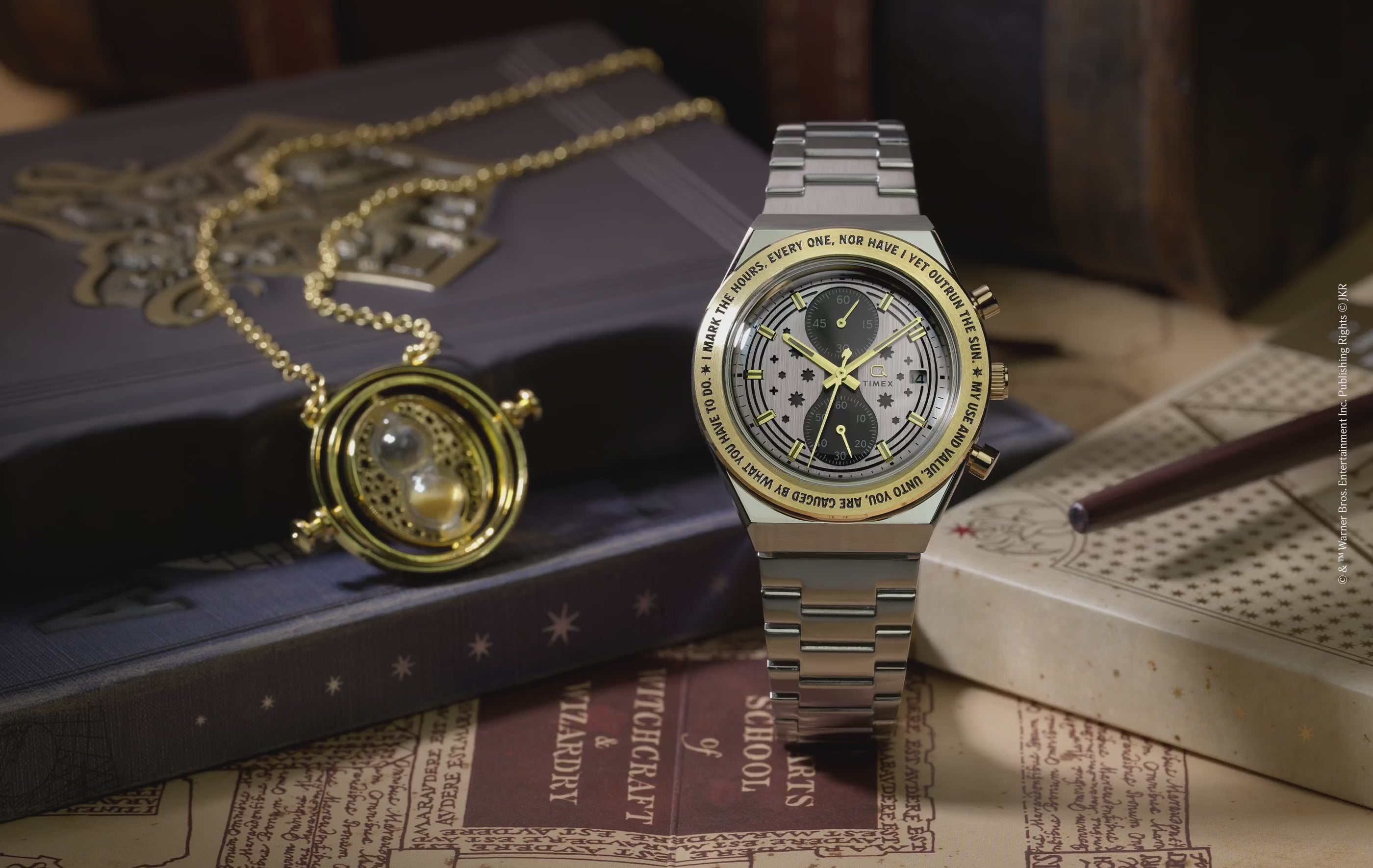 TW2Y75900 Harry Potter x Q Timex Time Turner Chronograph rotating beside a gold Time-Turner pendant, with close-ups of its silver bracelet, gold-tone bezel, and chronograph dial.