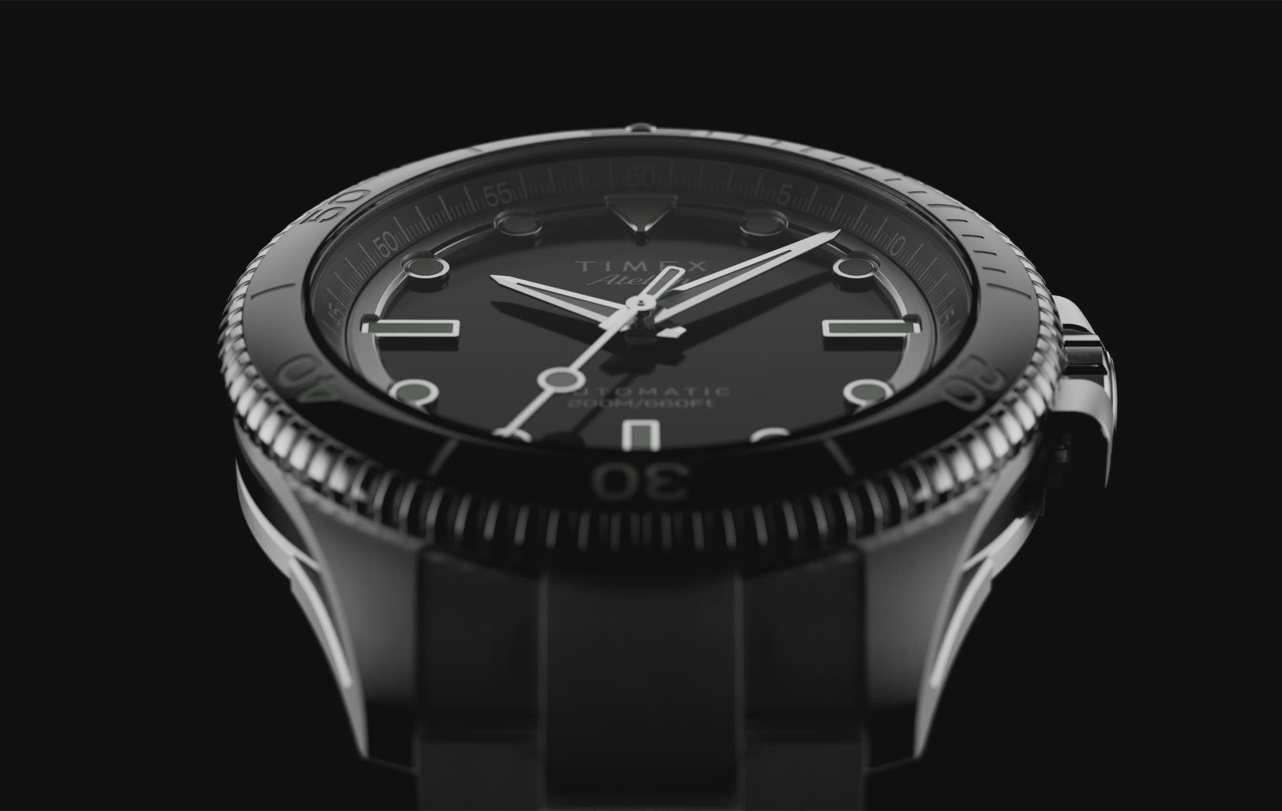 A cinematic showcase of the Timex Atelier automatic dive watch. The video highlights extreme close-ups of the polished stainless steel case, rotating bezel, engraved crown, and luminous black dial. It transitions between macro shots of the movement, exploded technical components, and lifestyle angles, emphasizing Swiss-made craftsmanship, 200M water resistance, and premium finishing.