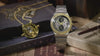 TW2Y75900 Moving close-ups of the silver-tone watch beside a Time-Turner pendant and books; the hands and hour markers glow as the lighting changes.