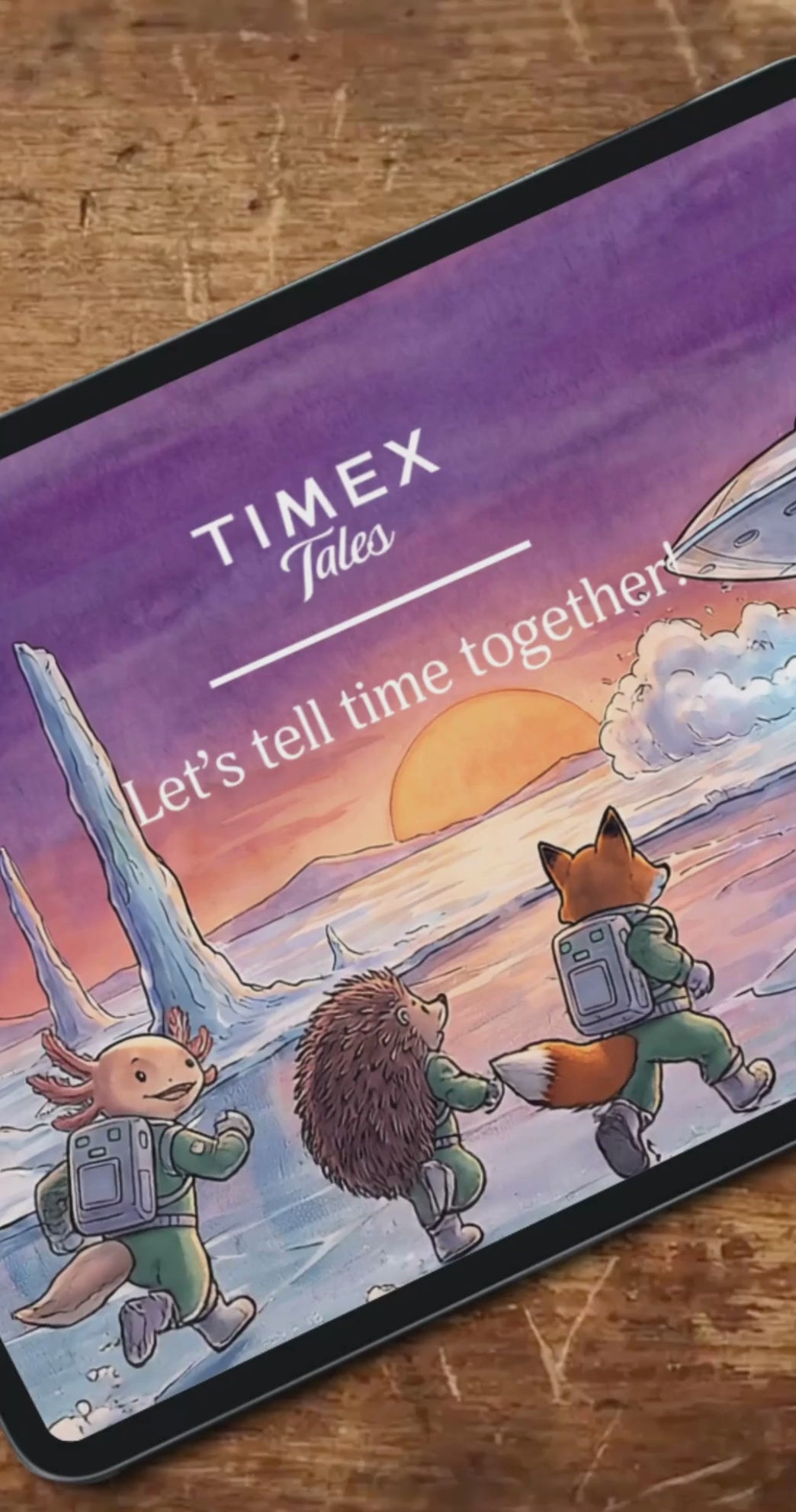 Una aventura animada de «Timex Tales» protagonizada por personajes animales ilustrados que aprenden a leer la hora mientras exploran mundos imaginarios sacados de los cuentos.