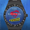Animated promotional graphic featuring the Supergirl x Blondie collaboration. Neon lettering, sticker-style artwork, and Supergirl-inspired graphics animate onto a dark background, highlighting the punk-rock aesthetic of the collection.